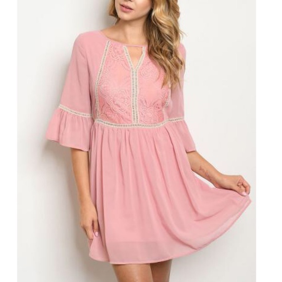 Blush Pink Bell Sleeve Babydoll Dress NWT - Picture 1 of 3
